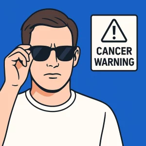 A flat-style illustration of a man wearing black sunglasses and a white shirt, adjusting his sunglasses with one hand. Beside him is a warning sign with an exclamation mark and the text “CANCER WARNING” on a solid blue background.