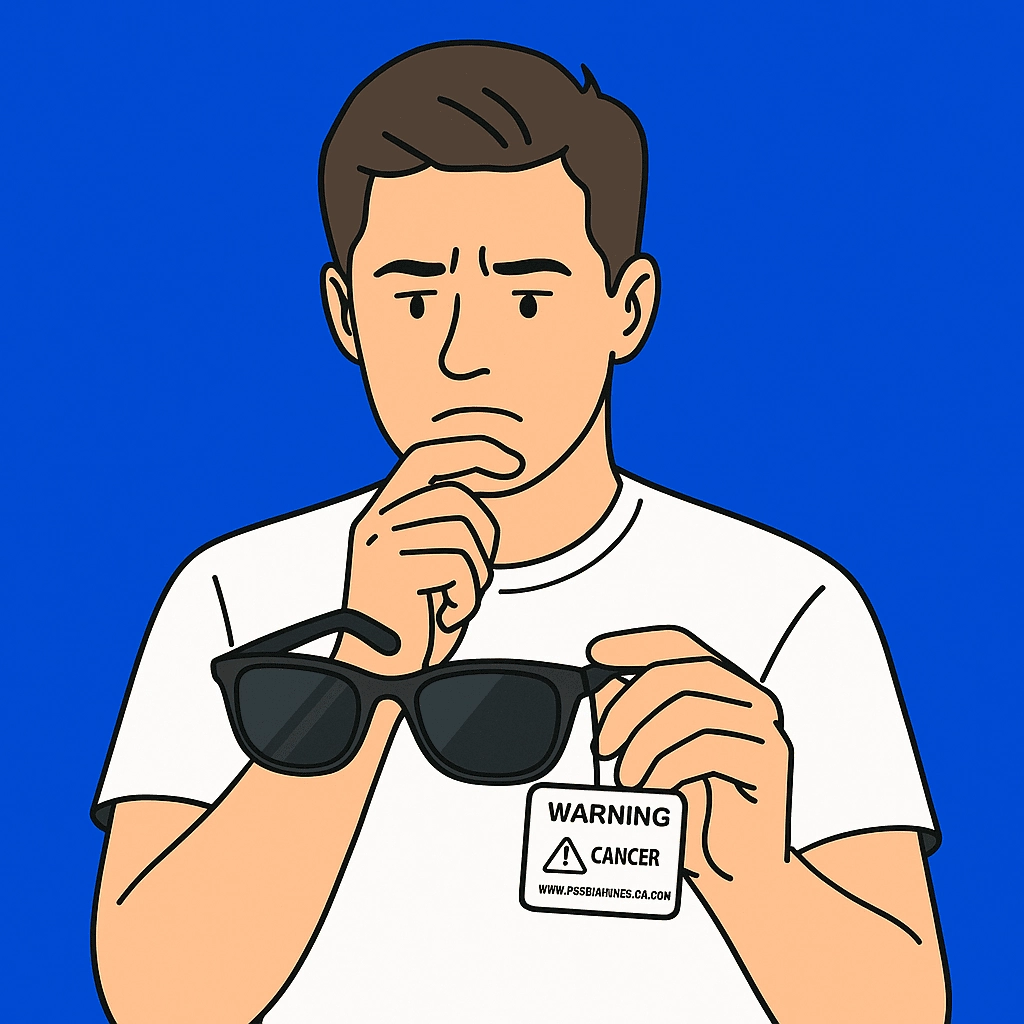An illustration of a man wearing a white T-shirt, holding a pair of black sunglasses and examining a warning label attached to them. He has a thoughtful, slightly concerned expression as he reads the label, which includes a bold “CANCER WARNING” notice and a website URL. The background is solid blue, emphasizing the focus on the warning message.