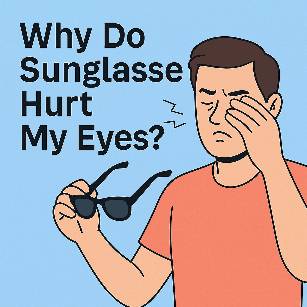 A man in a red shirt grimaces in discomfort while holding a pair of black sunglasses in his hand. The question 'Why Do Sunglasses Hurt My Eyes?' is prominently displayed in large black font on a light blue background. Small zigzag lines around his eye convey irritation, and the design is minimalistic with a color palette of light blue, coral, black, and white.