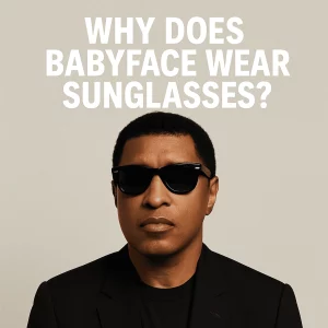 A close-up image of an African-American man in a black suit and black sunglasses, standing against a neutral background. Bold white text above reads: “Why Does Babyface Wear Sunglasses?”