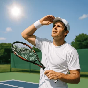 A tennis player on an outdoor court squinting against bright sunlight, wearing a white cap and shirt, holding a racket, with one hand raised to shield his eyes from glare.