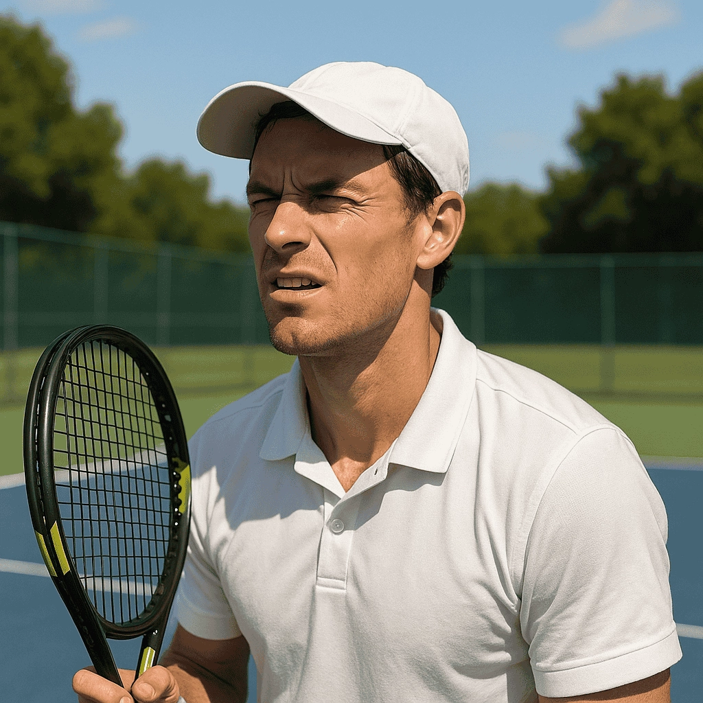 A male tennis player in a white polo and cap squints against bright midday sun on an outdoor court, gripping his racket tightly as he prepares to return a shot.
