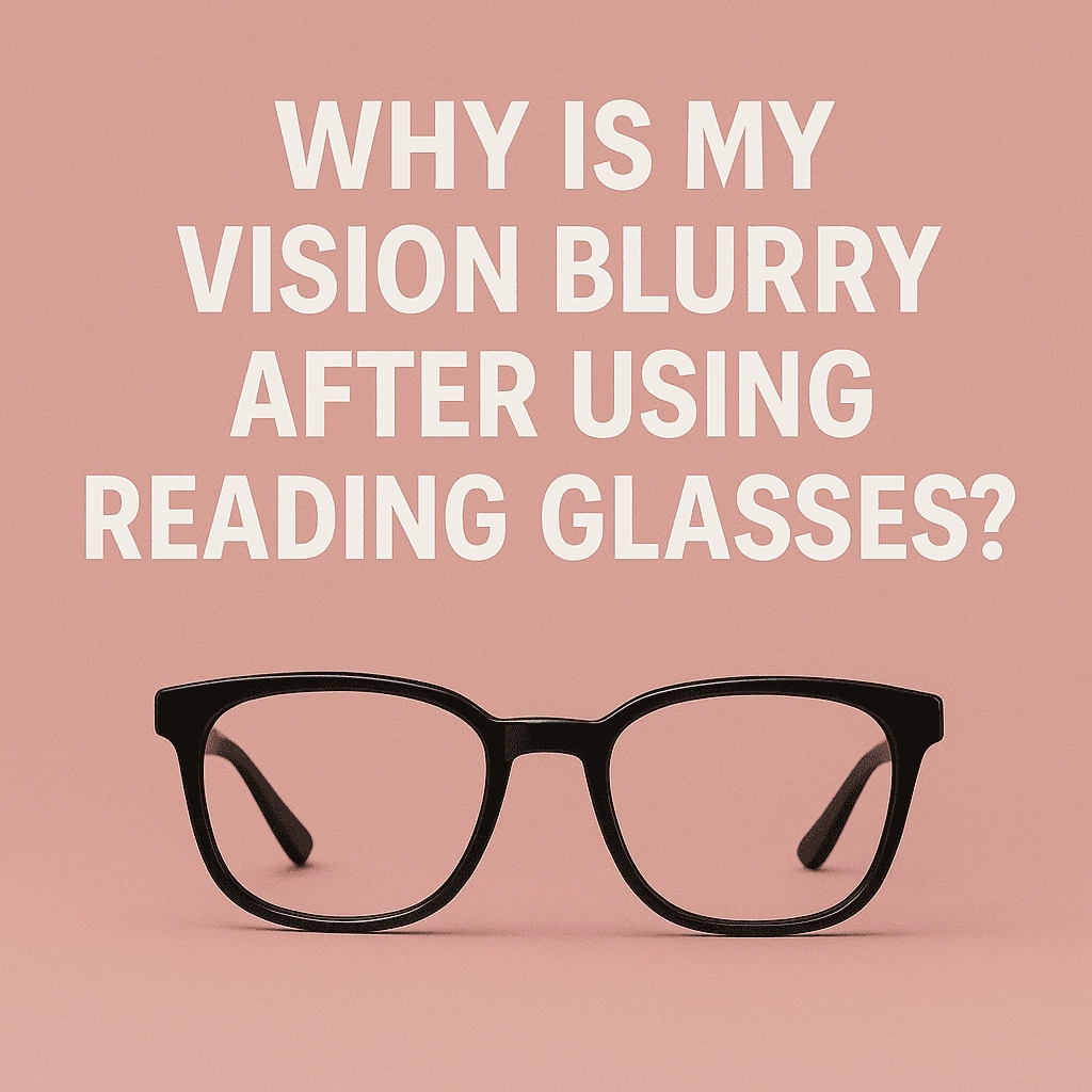 A stylish graphic featuring bold white text that reads “Why Is My Vision Blurry After Using Reading Glasses?” centered on a soft blush pink background. Below the text, a fashionable pair of black reading glasses is placed neatly, creating a clean and modern visual appeal.