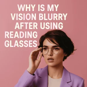 A stylish young woman with short dark hair wears round gold-framed reading glasses and a lavender blazer over a cream top. She is adjusting her glasses with a curious, slightly puzzled expression. The background is soft pink, and bold white text above her reads: “Why Is My Vision Blurry After Using Reading Glasses?”