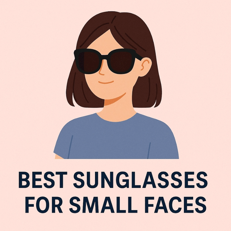 A flat-style digital illustration featuring a young woman with a small face wearing oversized fashion sunglasses. She is standing confidently outdoors with a bright, sunny background, symbolizing a stylish solution for people with smaller facial features looking for well-fitting sunglasses.