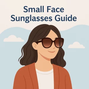 A flat-style digital illustration features a fashionable woman with a small face wearing oversized sunglasses. She has shoulder-length hair and a confident pose, set against a soft pastel background. The image visually supports a blog or guide about choosing the right sunglasses for small faces.