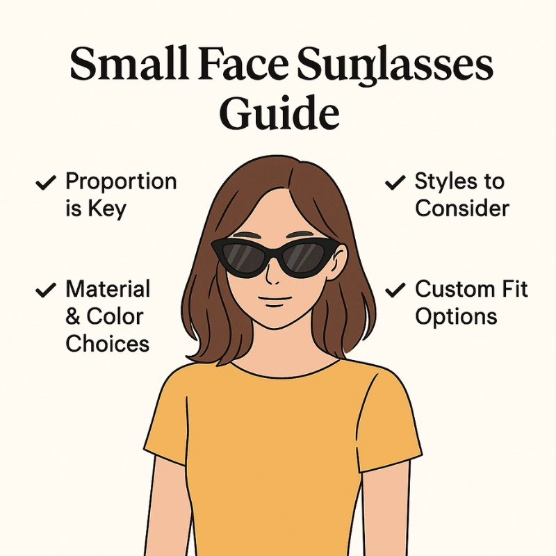 A digital infographic titled "Small Face Sunglasses Guide" featuring a stylish woman with a small face trying on different sunglass frame styles. The image highlights recommended shapes such as cat-eye, round, and narrow rectangle, with annotations showing which styles enhance facial proportions for petite features. Modern and fashion-forward aesthetic, designed to help users choose the best sunglasses for small faces.